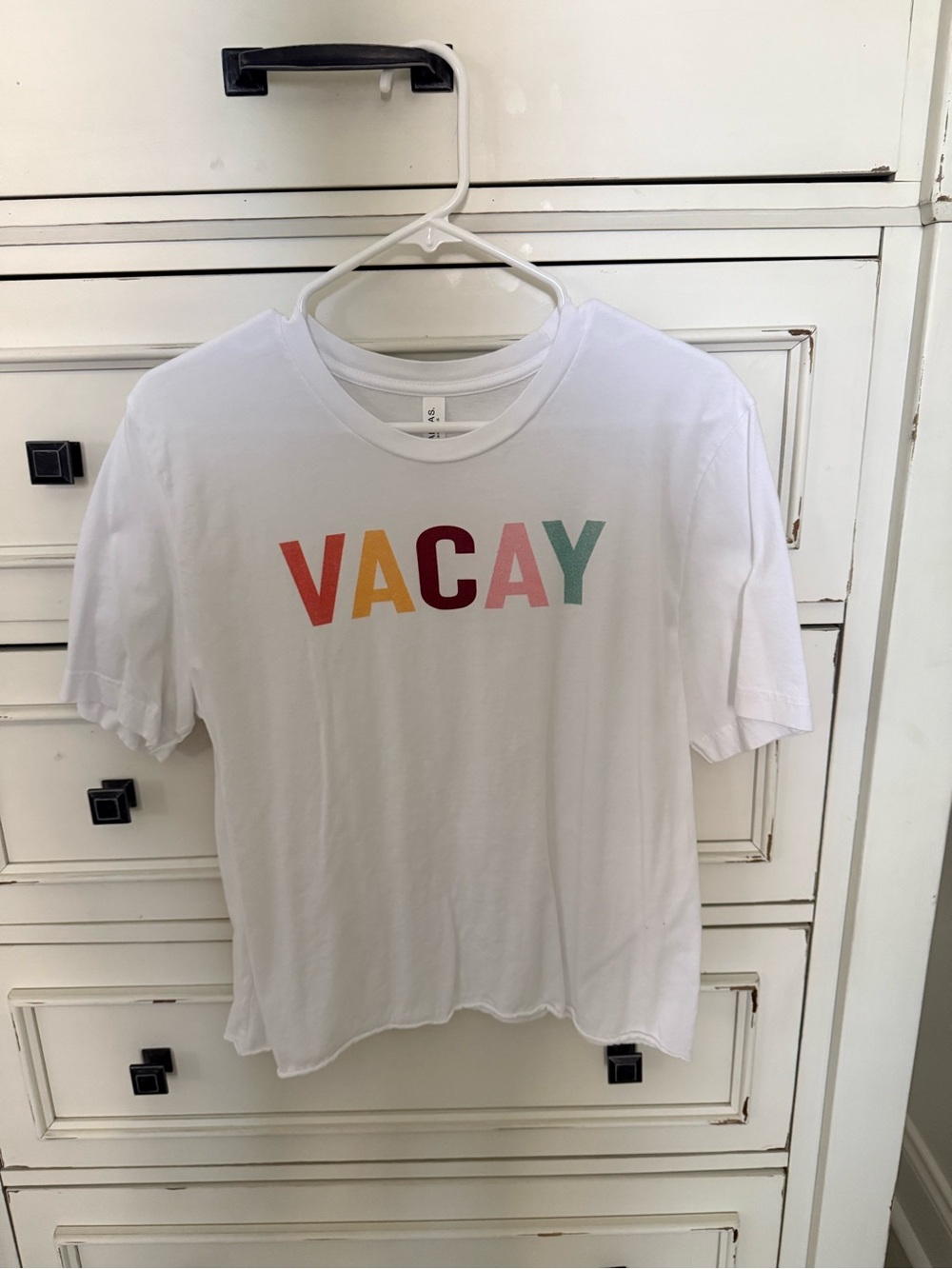 Bella Canvas White VACAY Tee with Multicolor Letters, Frayed edges